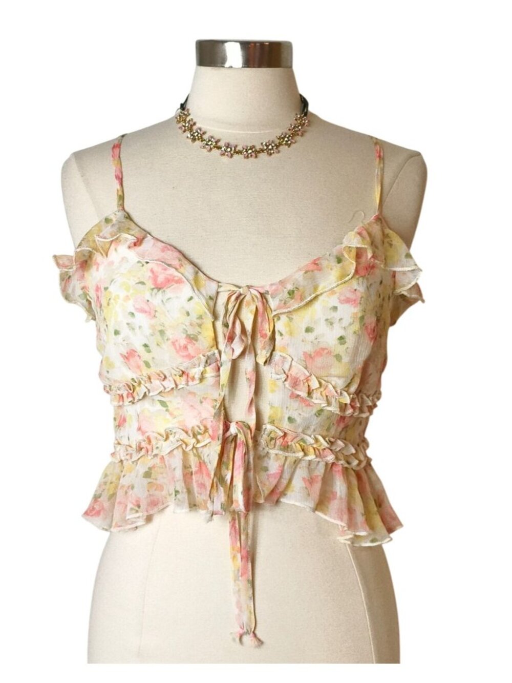 Thirty Thirty  LA L Tie-Front Crop Top Floral Ruffle Adjustable Cottagecore Fair